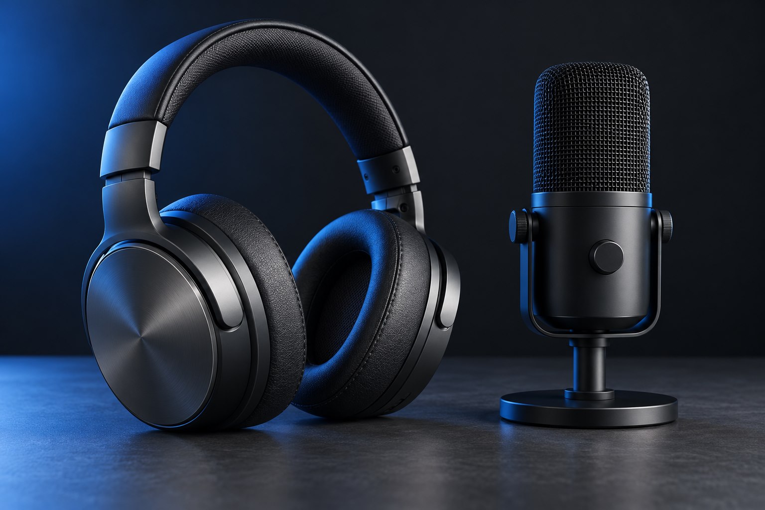 Illustrative over-ear headphones and a desktop microphone in blue studio light