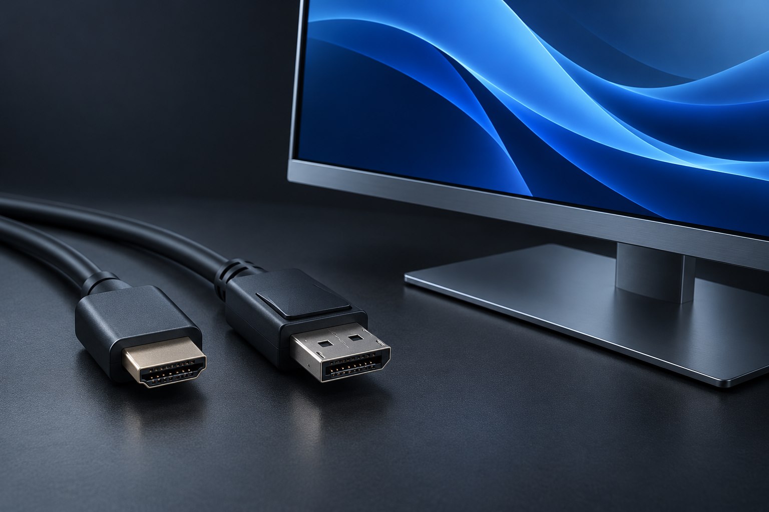Illustrative monitor with HDMI and DisplayPort cables on a dark desk