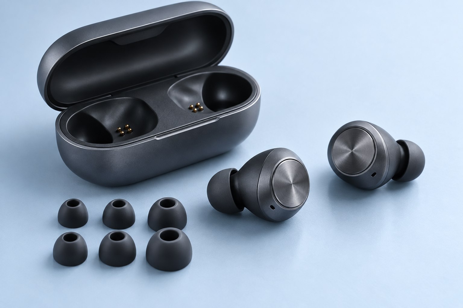 Illustrative wireless earbuds, charging case and silicone ear tips