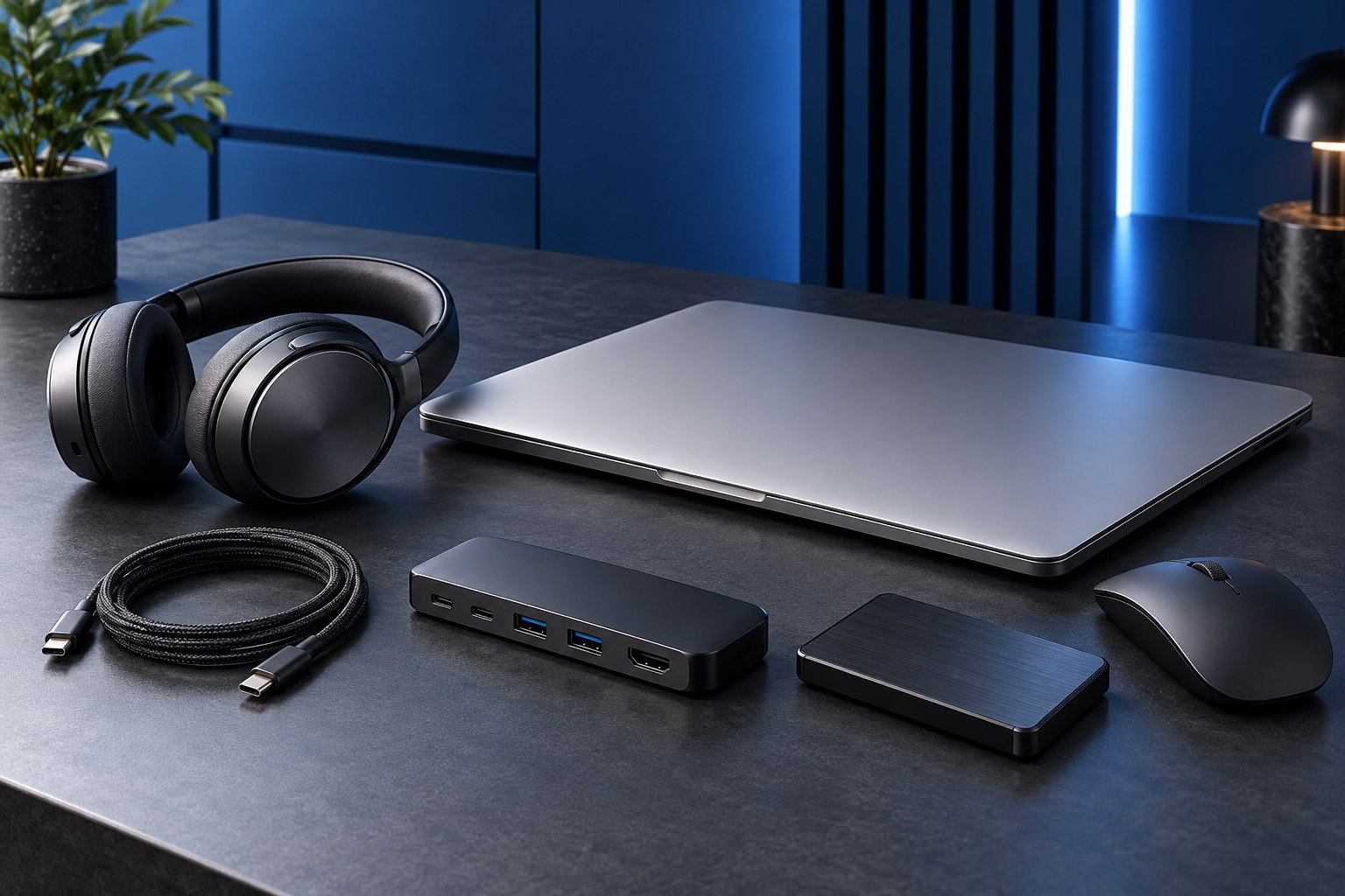 Illustrative arrangement of a laptop, headphones, USB-C hub, cable, portable drive and mouse on a graphite desk