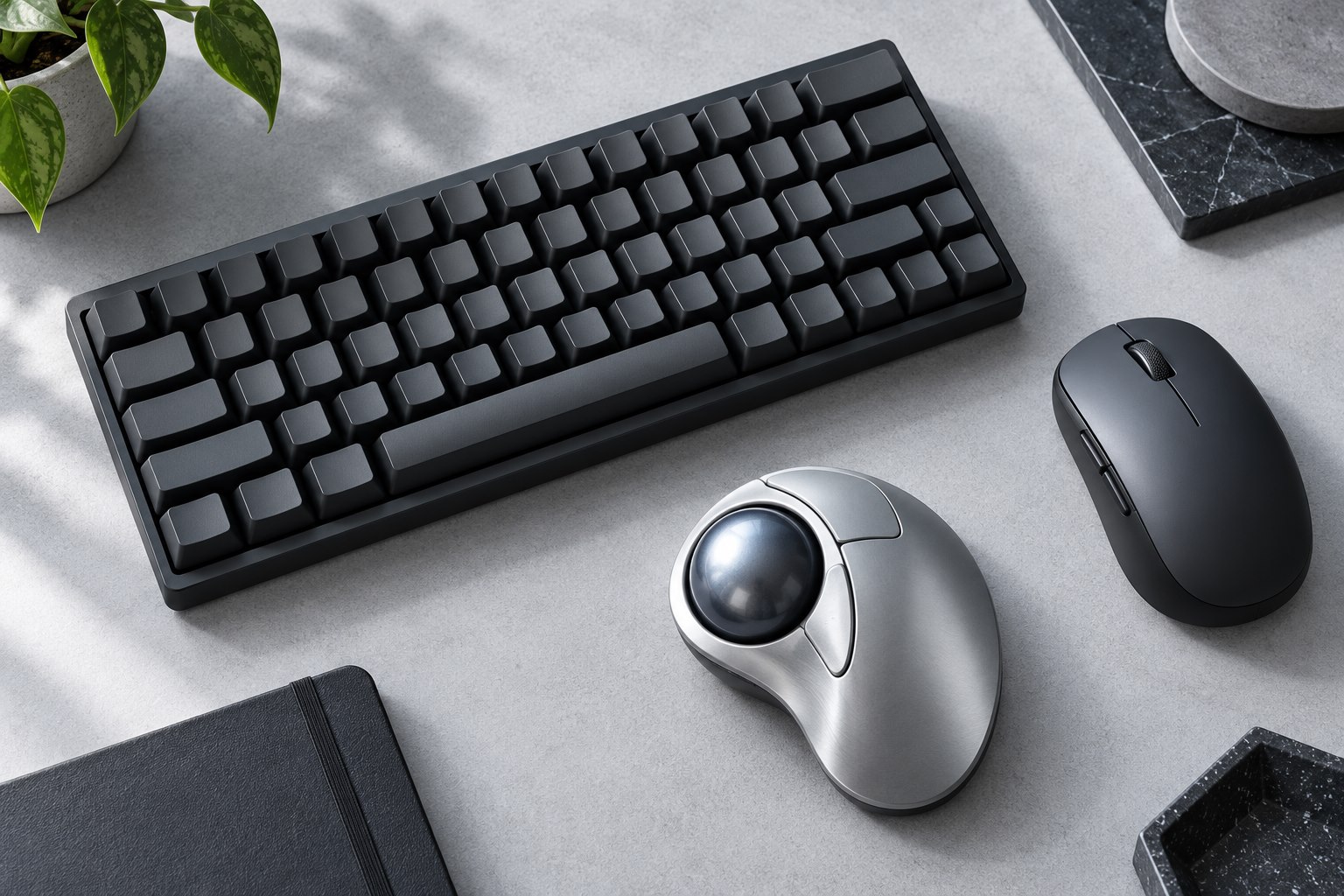 Illustrative compact keyboard, wireless mouse and trackball on a pale desk