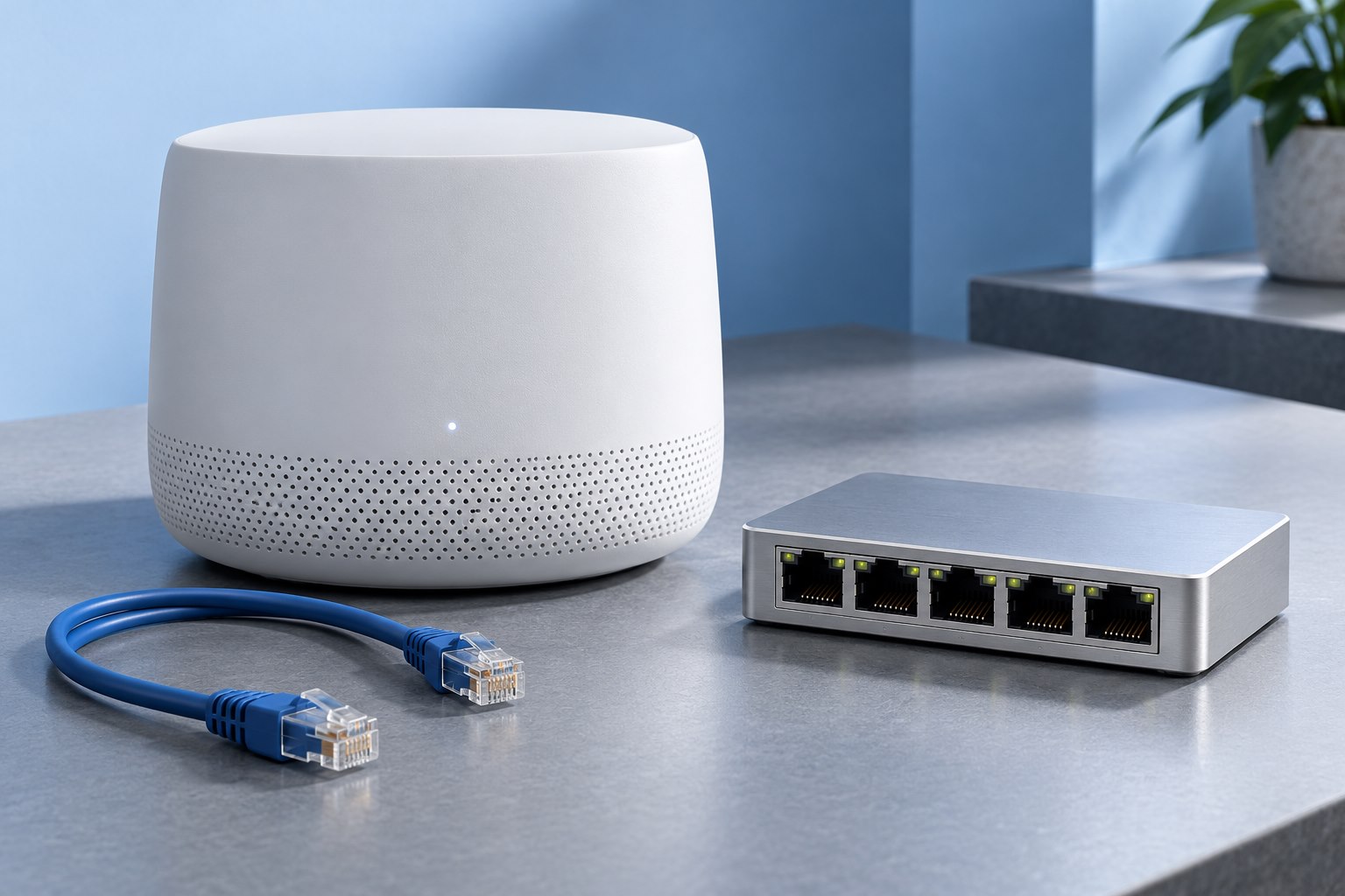 Illustrative mesh router, Ethernet switch and blue network cable