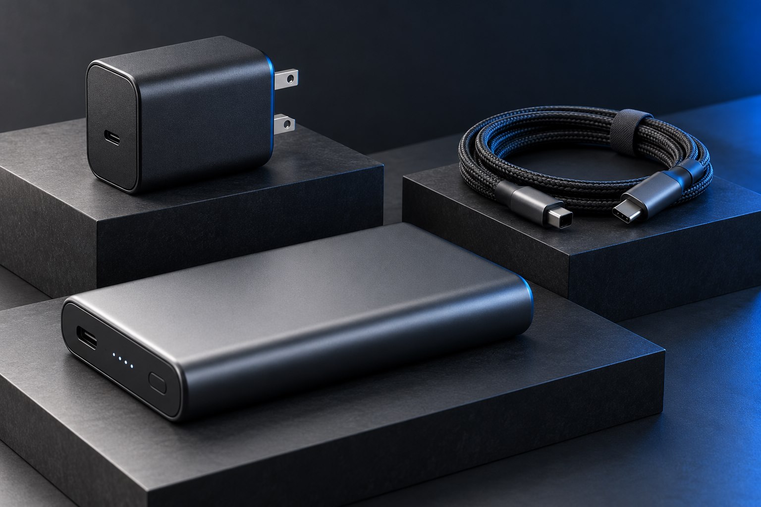 Illustrative USB-C charger, portable power bank and cable on dark platforms