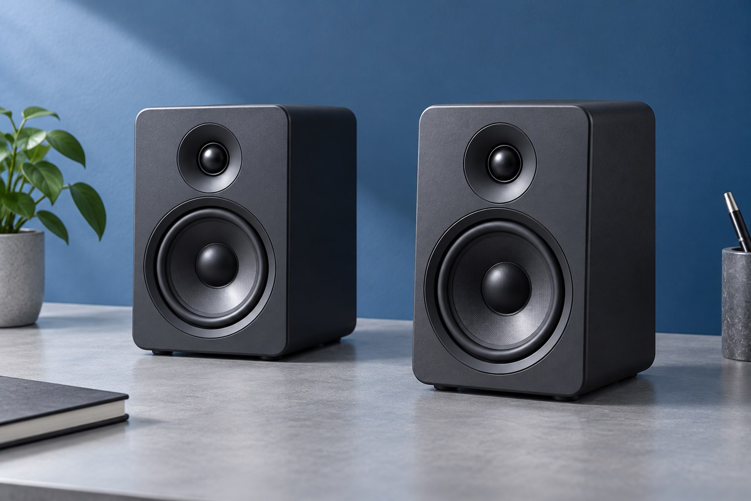 Illustrative pair of compact speakers on a cool grey desktop