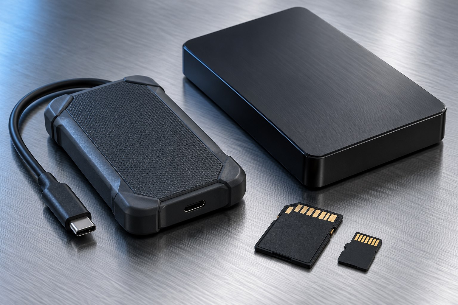 Illustrative external drives and memory cards on a brushed metal surface