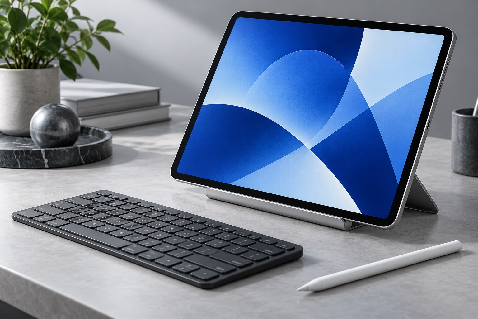 Illustrative tablet on an angled stand with a stylus and compact keyboard