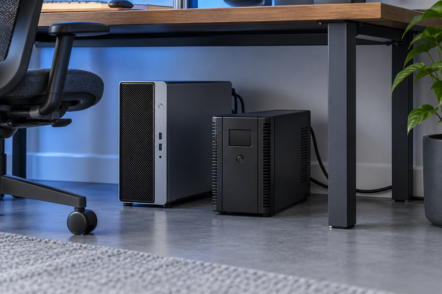 Illustrative compact UPS battery backup beside a desktop computer beneath a desk