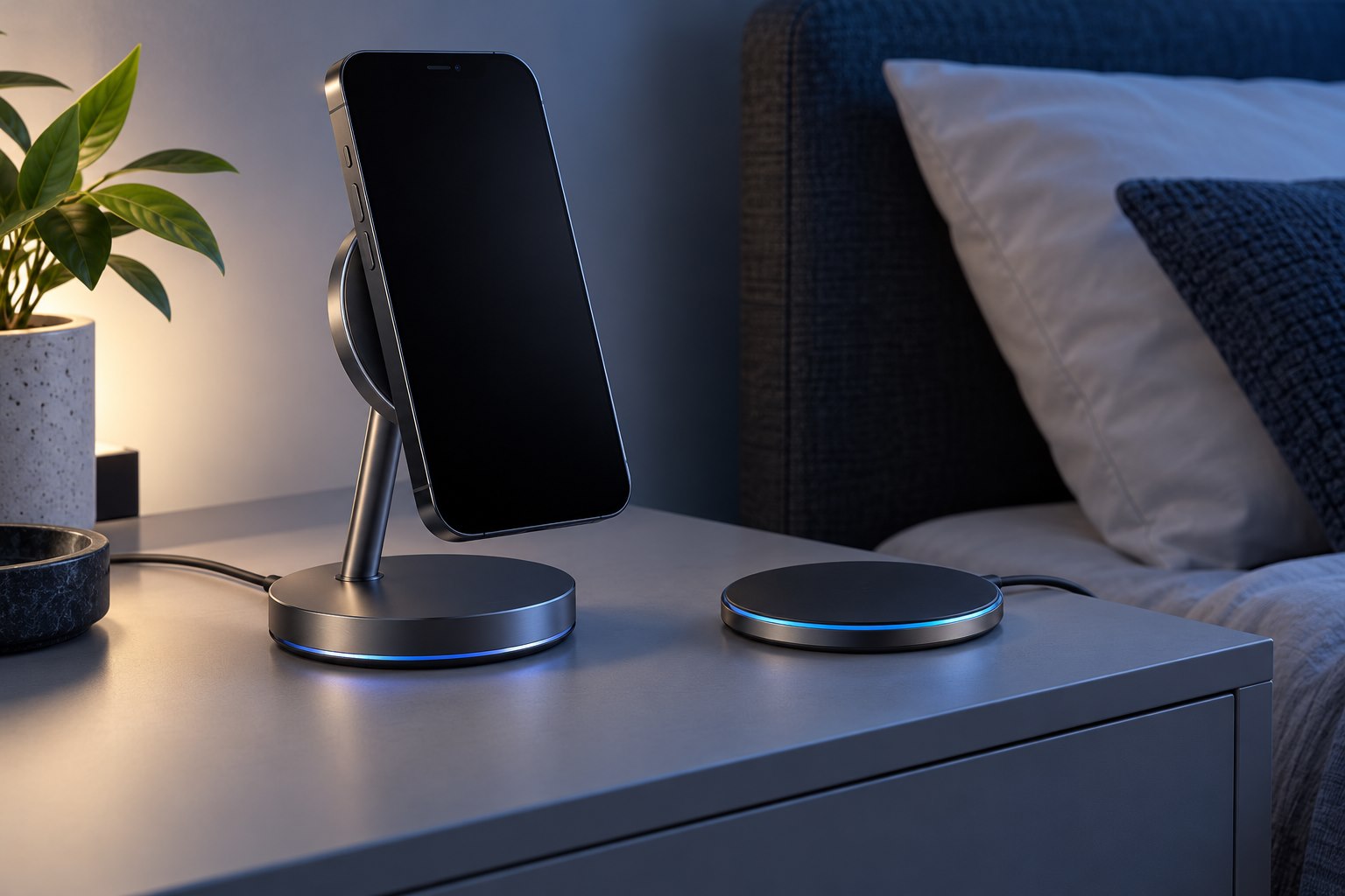 Illustrative smartphone on a magnetic charging stand beside a wireless pad