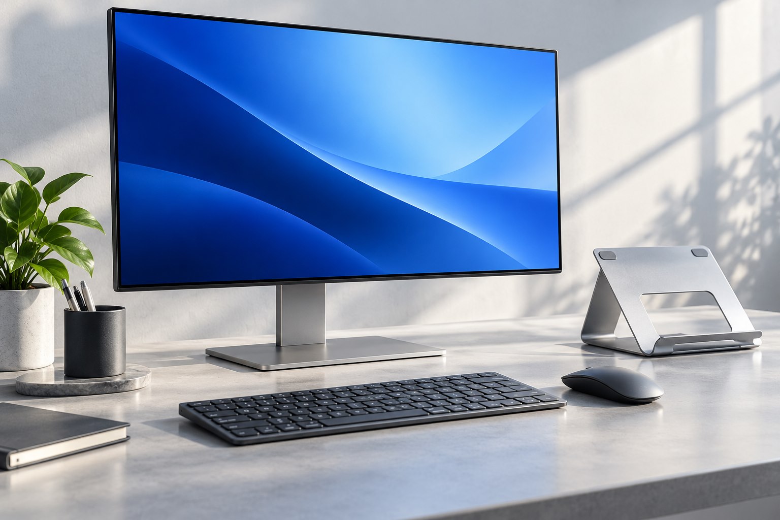 Illustrative monitor, keyboard, mouse and laptop stand on a cool grey desk
